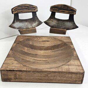 Alaskan Ulu Knife Set 2 Choppers w Wooden Bowl Board Rustic Kitchen Prep Set